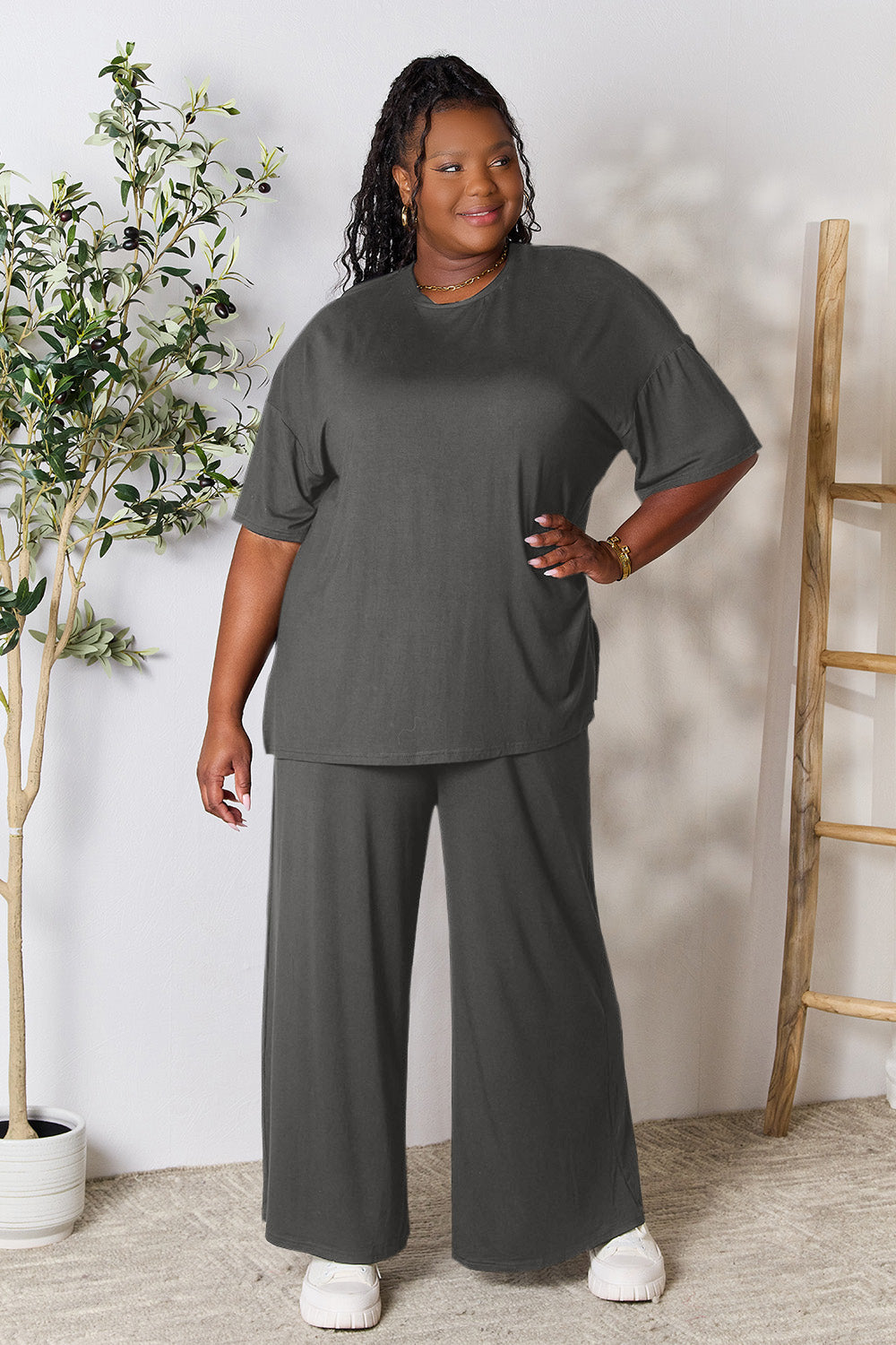 Double Take Full Size Round Neck Slit Top and Pants Set Double Take Full Size Round Neck Slit Top and Pants Set - TopFashionHQ