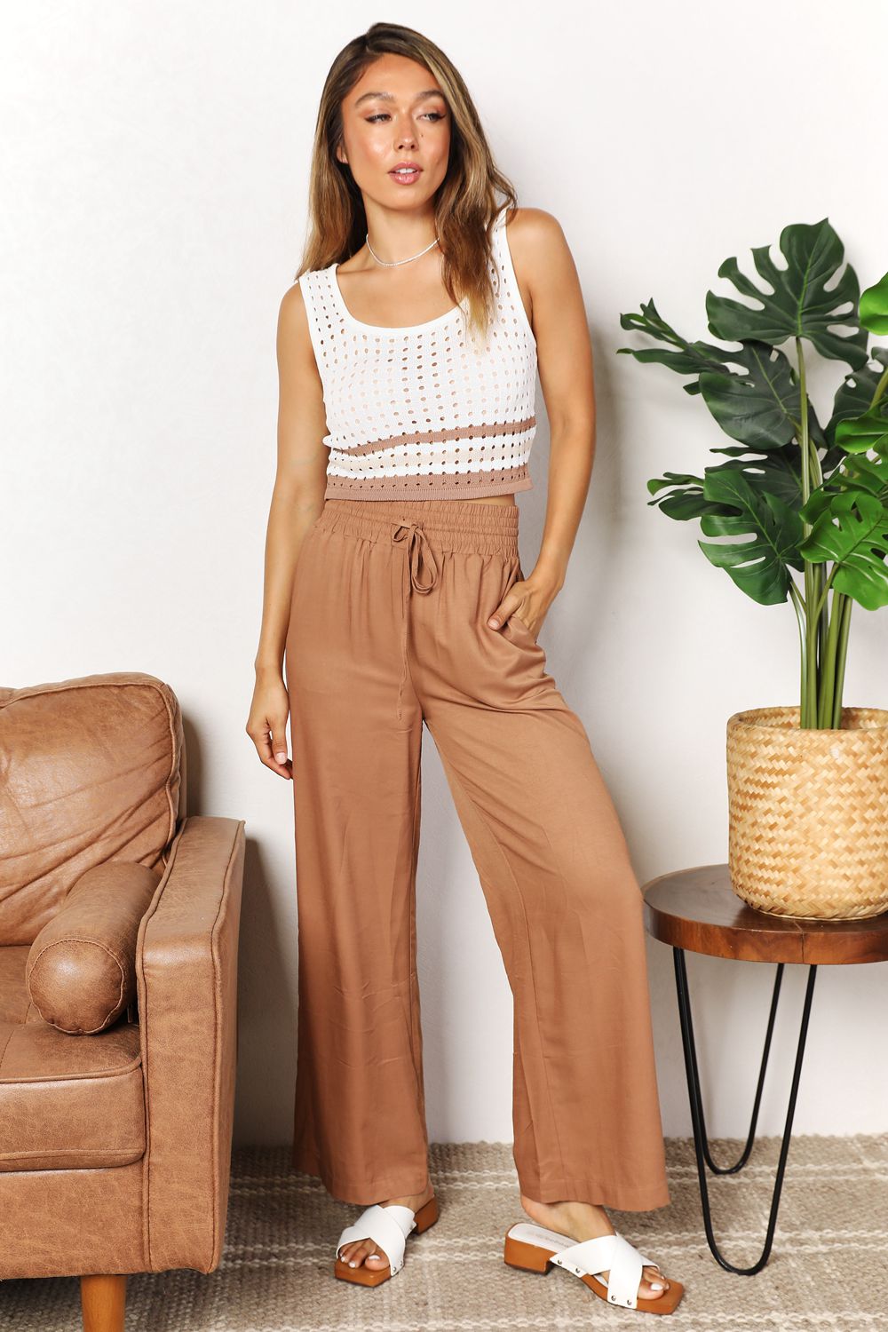 Double Take Drawstring Smocked Waist Wide Leg Pants Double Take Drawstring Smocked Waist Wide Leg Pants - TopFashionHQ