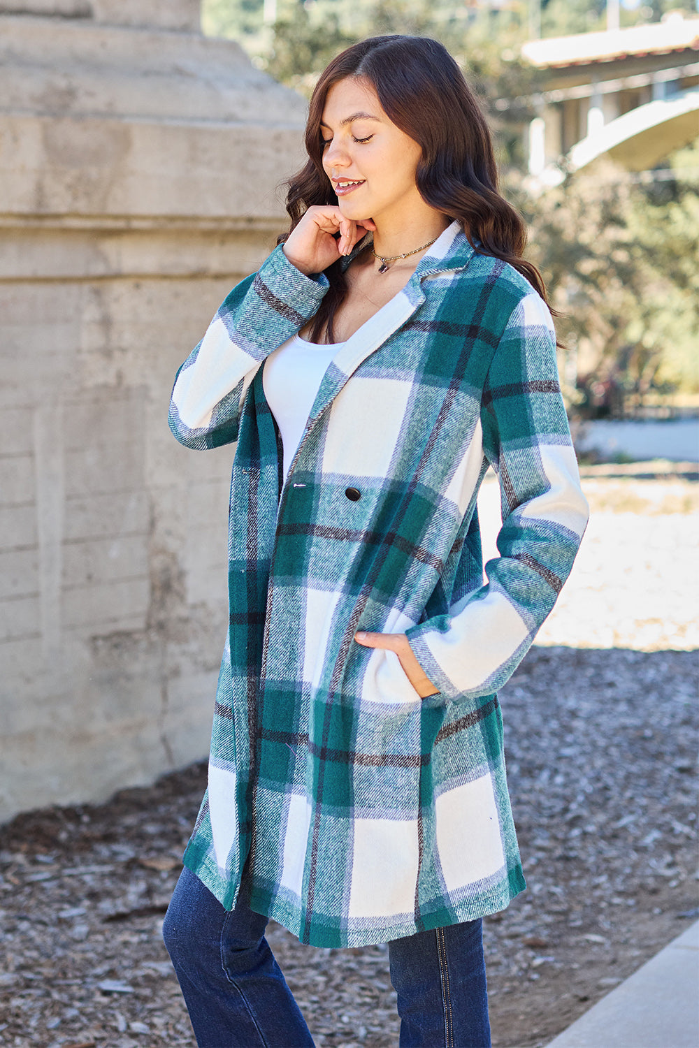 Double Take Full Size Plaid Button Up Lapel Collar Coat Double Take Full Size Plaid Button Up Lapel Collar Coat - TopFashionHQ