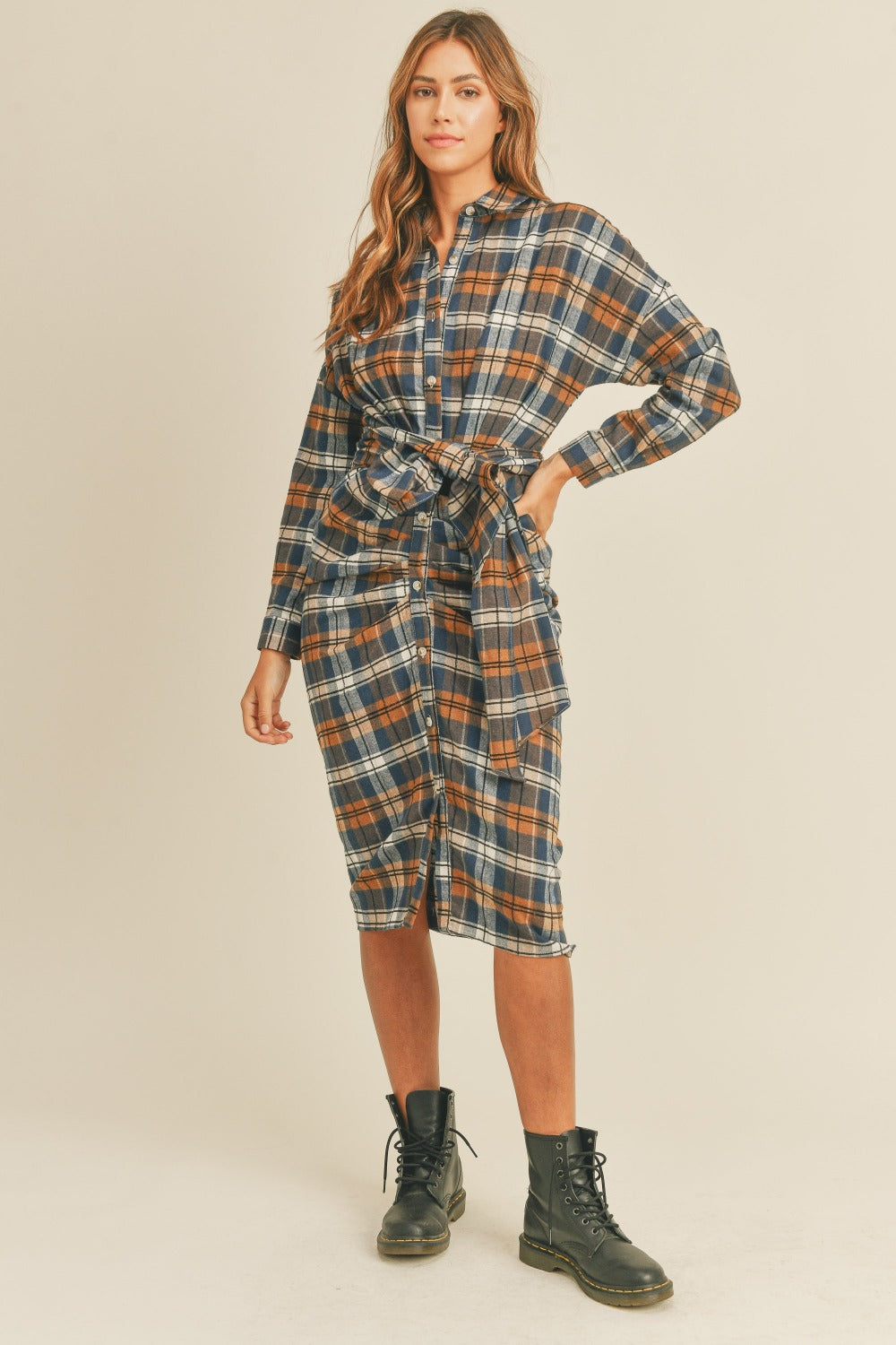 Mable Plaid Flannel Front Tie Button Down Shirt Dress Mable Plaid Flannel Front Tie Button Down Shirt Dress - TopFashionHQ