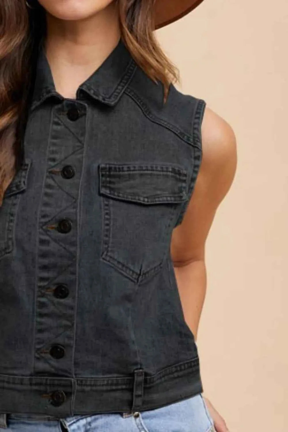 Annie Wear Collared Neck Button Down Denim Vest Annie Wear Collared Neck Button Down Denim Vest