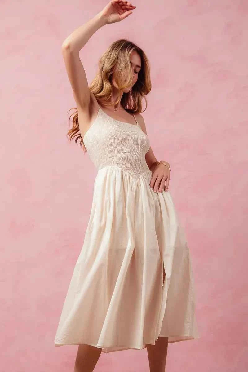 SO ME Smocked Sleeveless Casual Everyday Dress With Slit SO ME Smocked Sleeveless Casual Everyday Dress With Slit