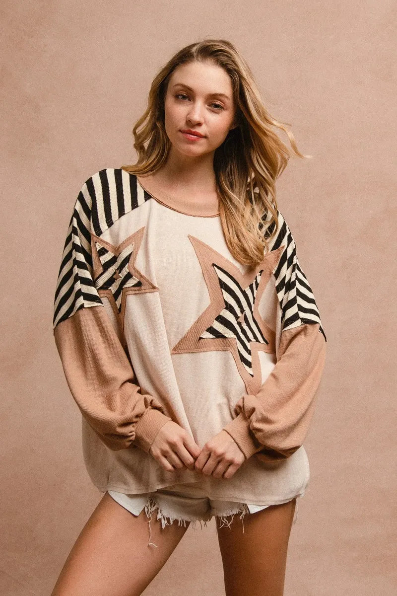 BiBi Star Patchwork Mixed Long Sleeve Top 6c485eeaedd144738d7a8d22b462a117-Max-Origin