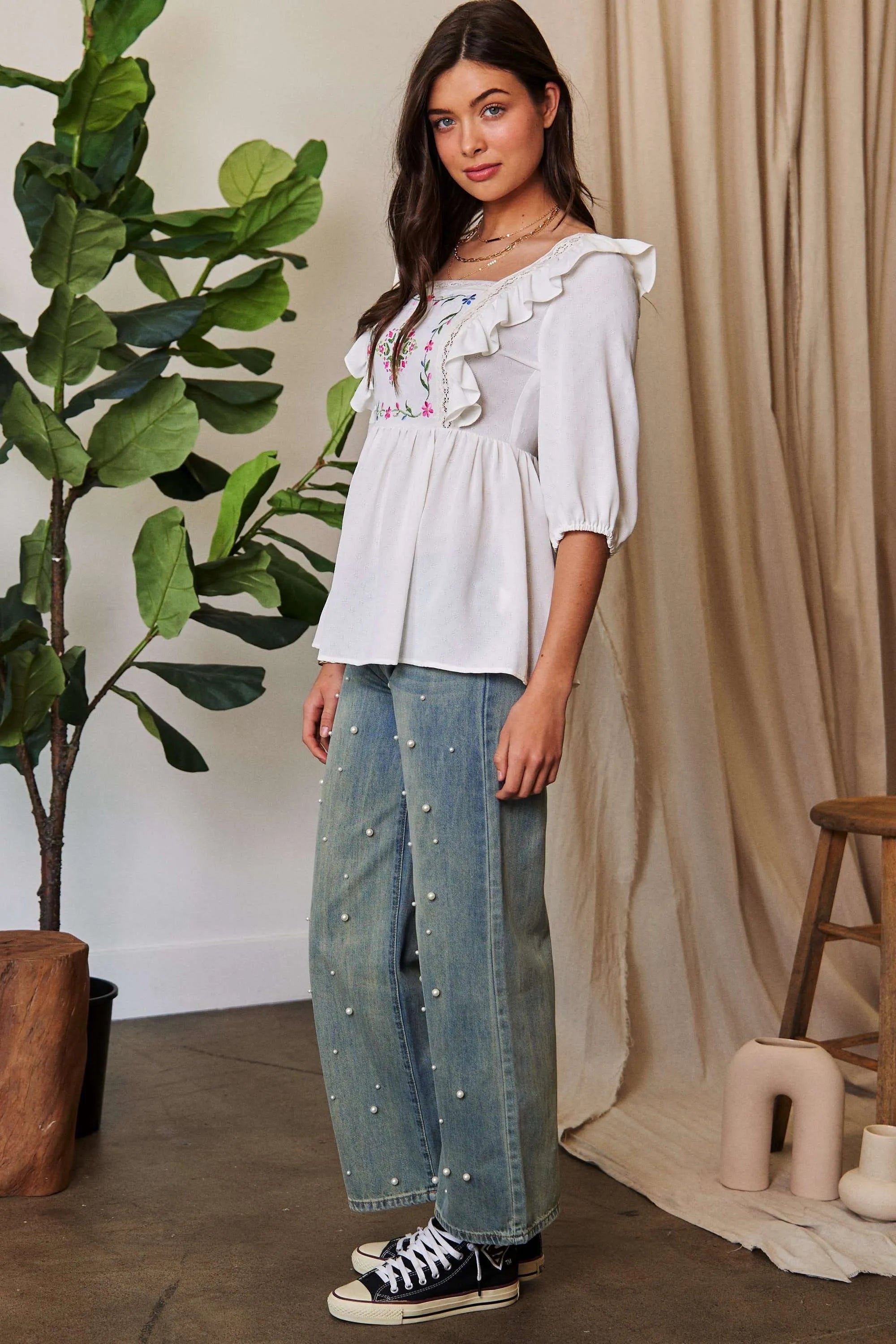 Davi & Dani Texture Tie Back Floral Embroidery Frill Blouse 6c54376a3b9d4d89a18a4998a1f85a98-Max-Origin