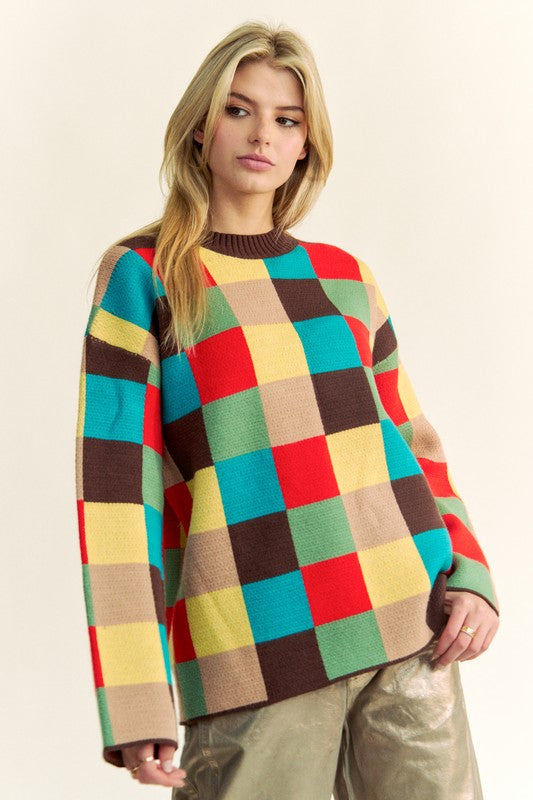Davi & Dani Color Block Checkered Dropped Shoulder Sweater Davi & Dani Color Block Checkered Dropped Shoulder Sweater