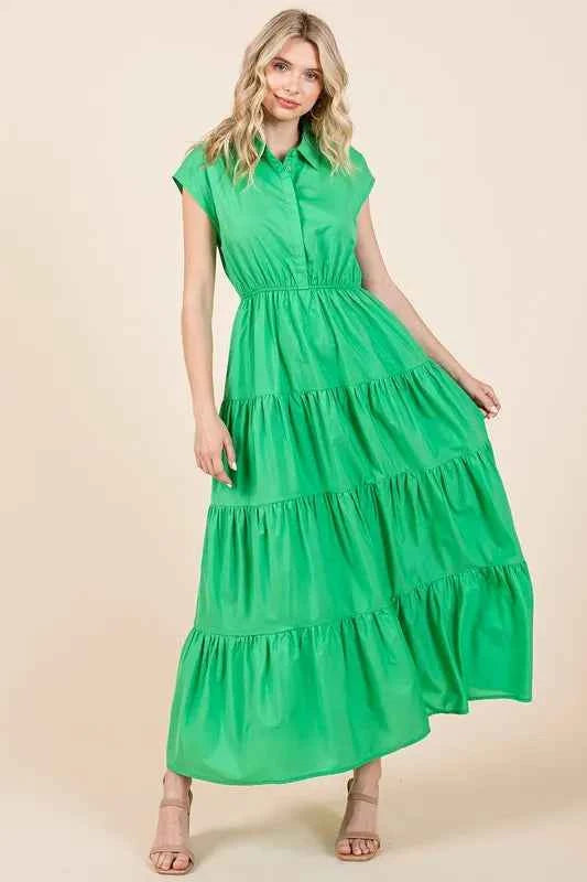 Mittoshop Button Up Collared Tiered Maxi Shirt Dress Mittoshop Button Up Collared Tiered Maxi Shirt Dress