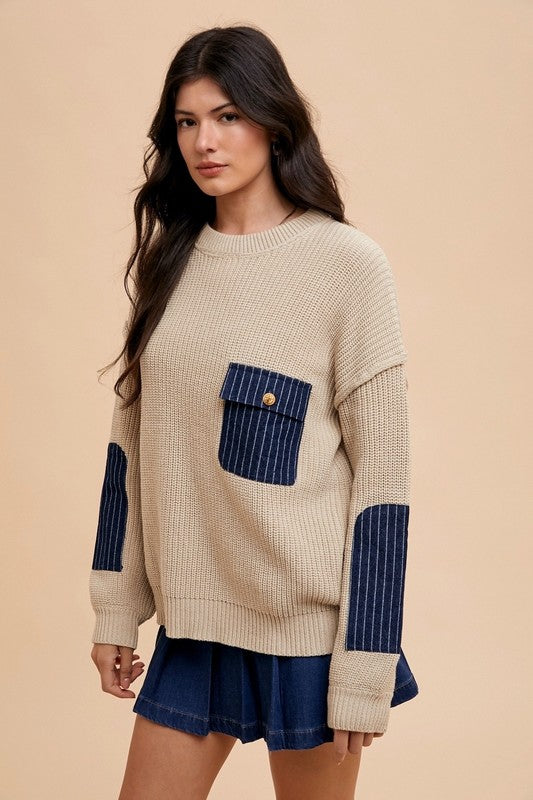 Annie Wear Contrast Round Neck Drop Shoulder Sweater with Patch Pocket Annie Wear Contrast Round Neck Drop Shoulder Sweater with Patch Pocket