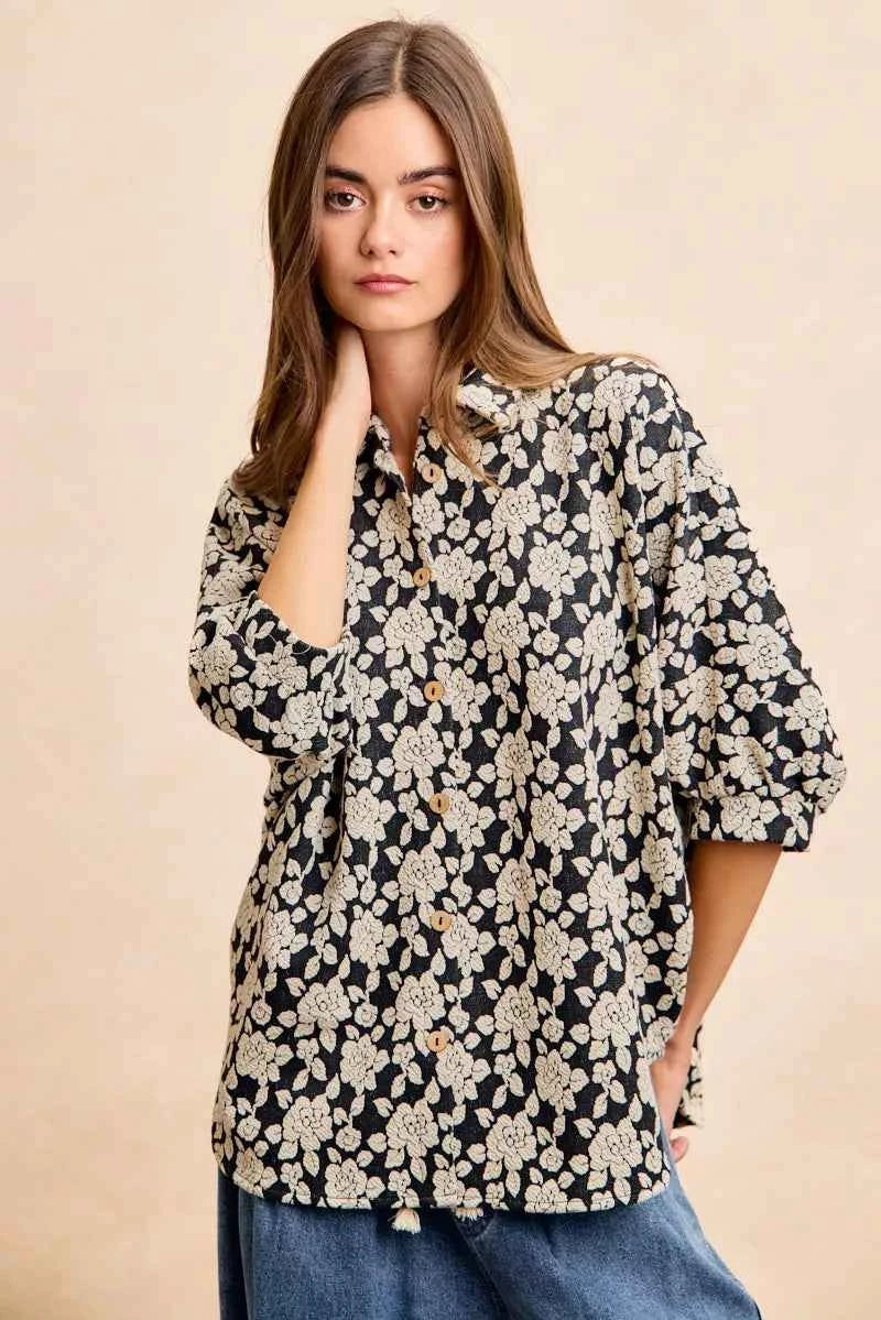 BiBi Floral Jacquard Short Dolman Sleeves Shirt BiBi Floral Jacquard Short Dolman Sleeves Shirt