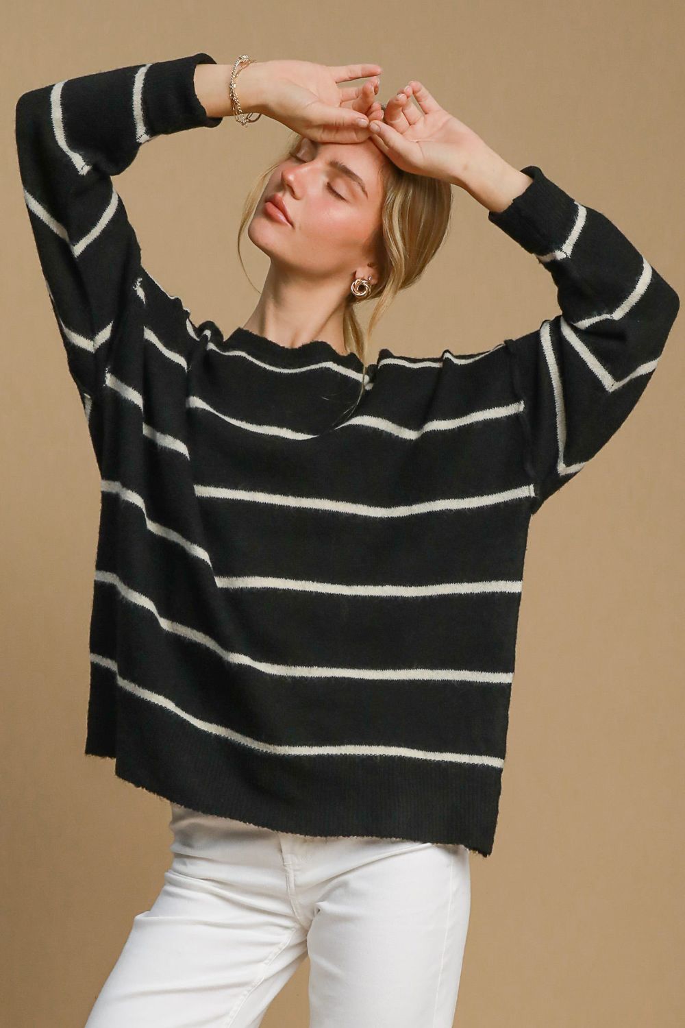 Umgee Wool Blend Striped Round Neck Sweater Umgee Wool Blend Striped Round Neck Sweater - TopFashionHQ
