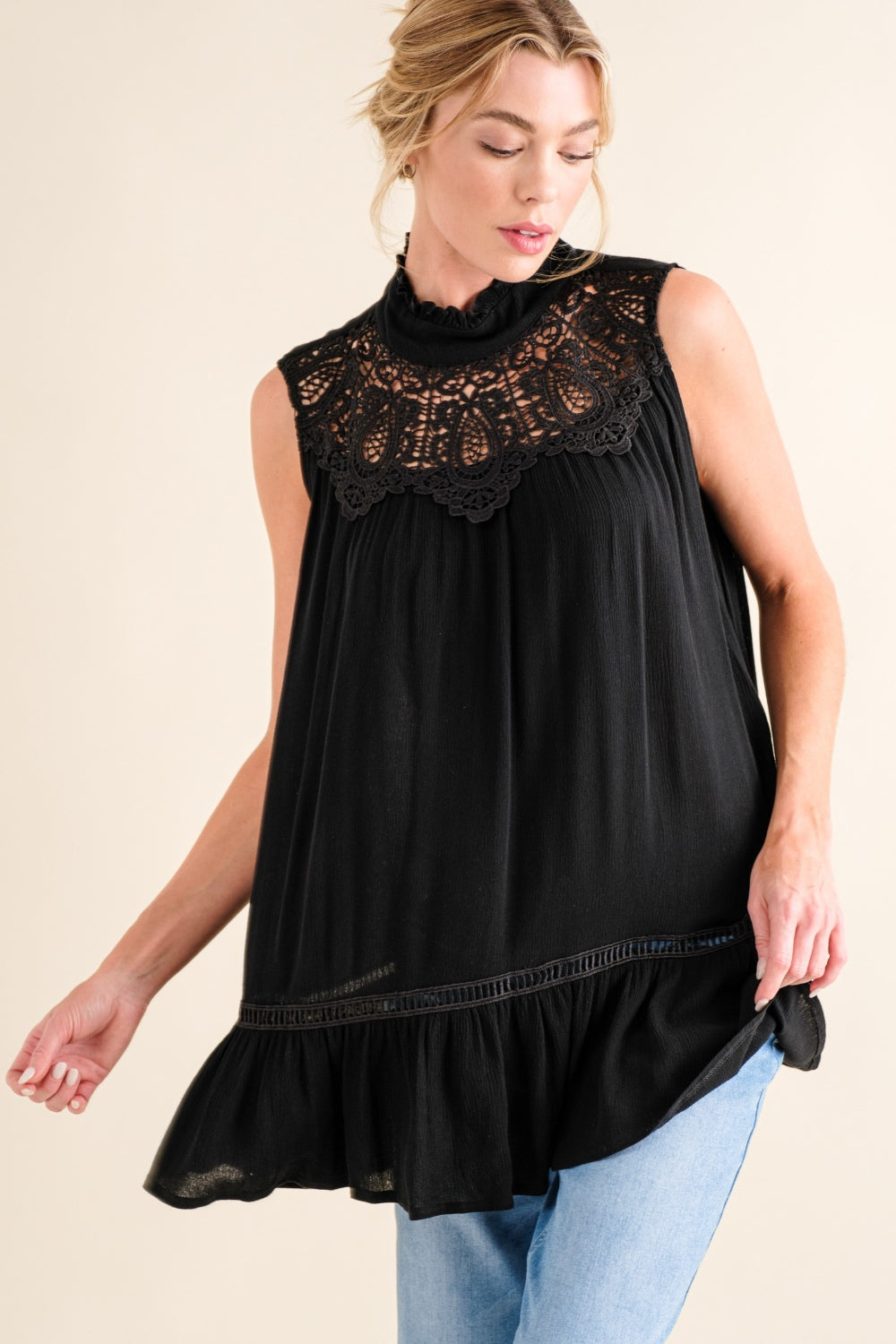 And The Why Lace Detail Sleeveless Ruffled Top And The Why Lace Detail Sleeveless Ruffled Top - TopFashionHQ