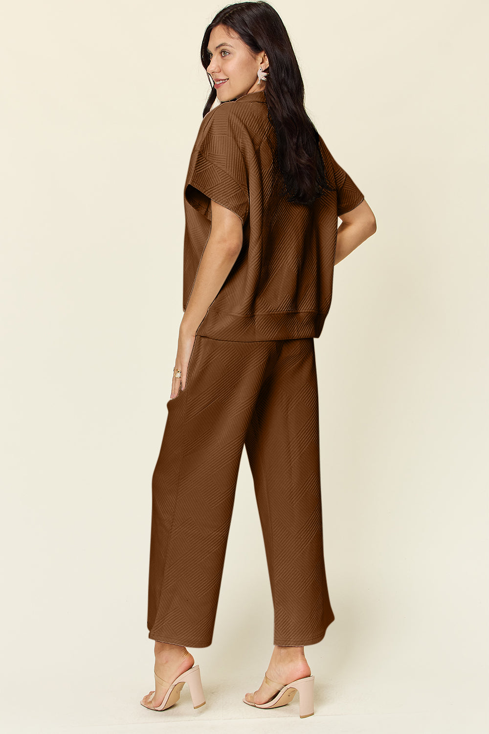 Double Take Full Size Texture Half Zip Short Sleeve Top and Pants Set Double Take Full Size Texture Half Zip Short Sleeve Top and Pants Set
