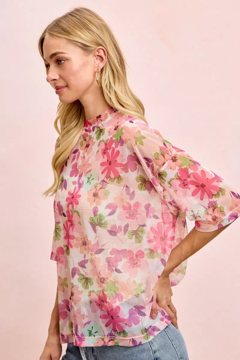 BiBi Floral Print Short Sleeves Boxy Mesh Top 6cbeb8e8816e46f4ac436a21cff503d0-Max-Origin
