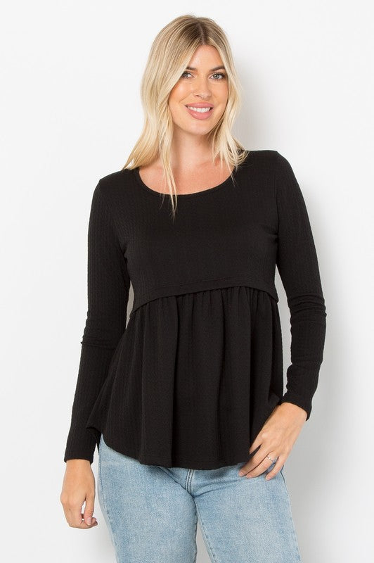 Be Stage Full Size Texture Babydoll Round Neck Long Sleeve Knit Top Be Stage Full Size Texture Babydoll Round Neck Long Sleeve Knit Top - TopFashionHQ