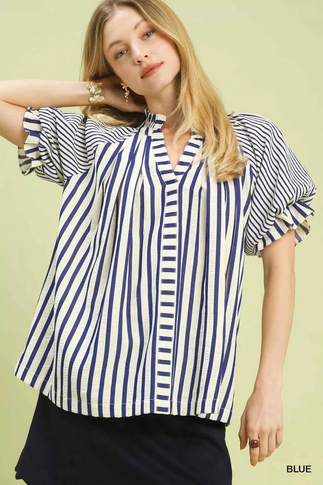 Umgee Striped Notched Top with Short Flutter Sleeves Umgee Striped Notched Top with Short Flutter Sleeves