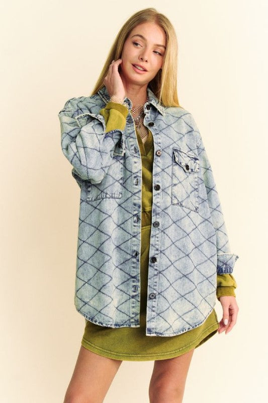 Davi & Dani Curved Hem Diamond Quilted Button Up Denim Shacket Davi & Dani Curved Hem Diamond Quilted Button Up Denim Shacket