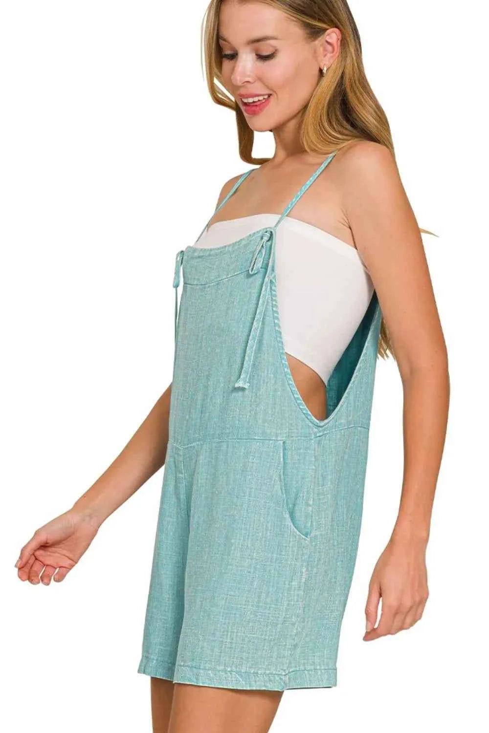 Zenana Washed Linen Knot Strap Rompers Zenana Washed Linen Knot Strap Rompers