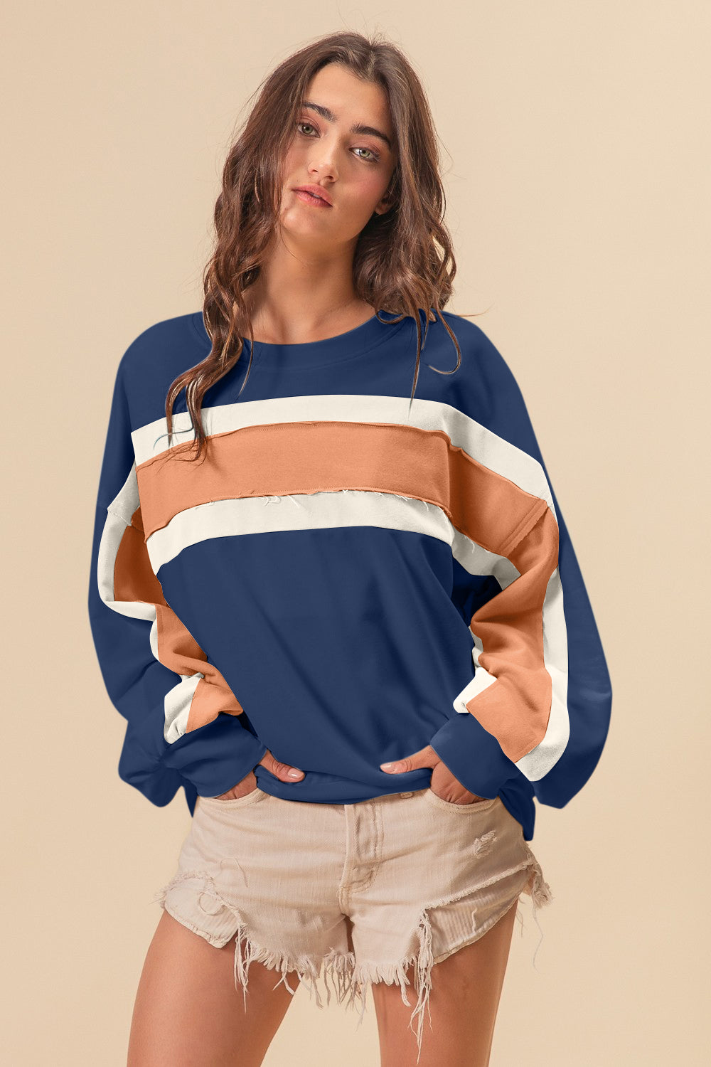 BiBi French Terry Color Block Cut Edge Detail Sweatshirt BiBi French Terry Color Block Cut Edge Detail Sweatshirt - TopFashionHQ