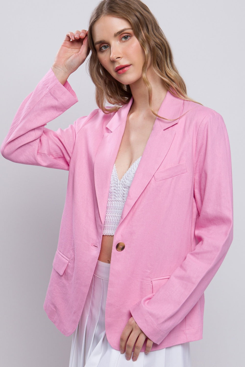 Love Tree One-Button Long Sleeve Linen Blazer Love Tree One-Button Long Sleeve Linen Blazer - TopFashionHQ