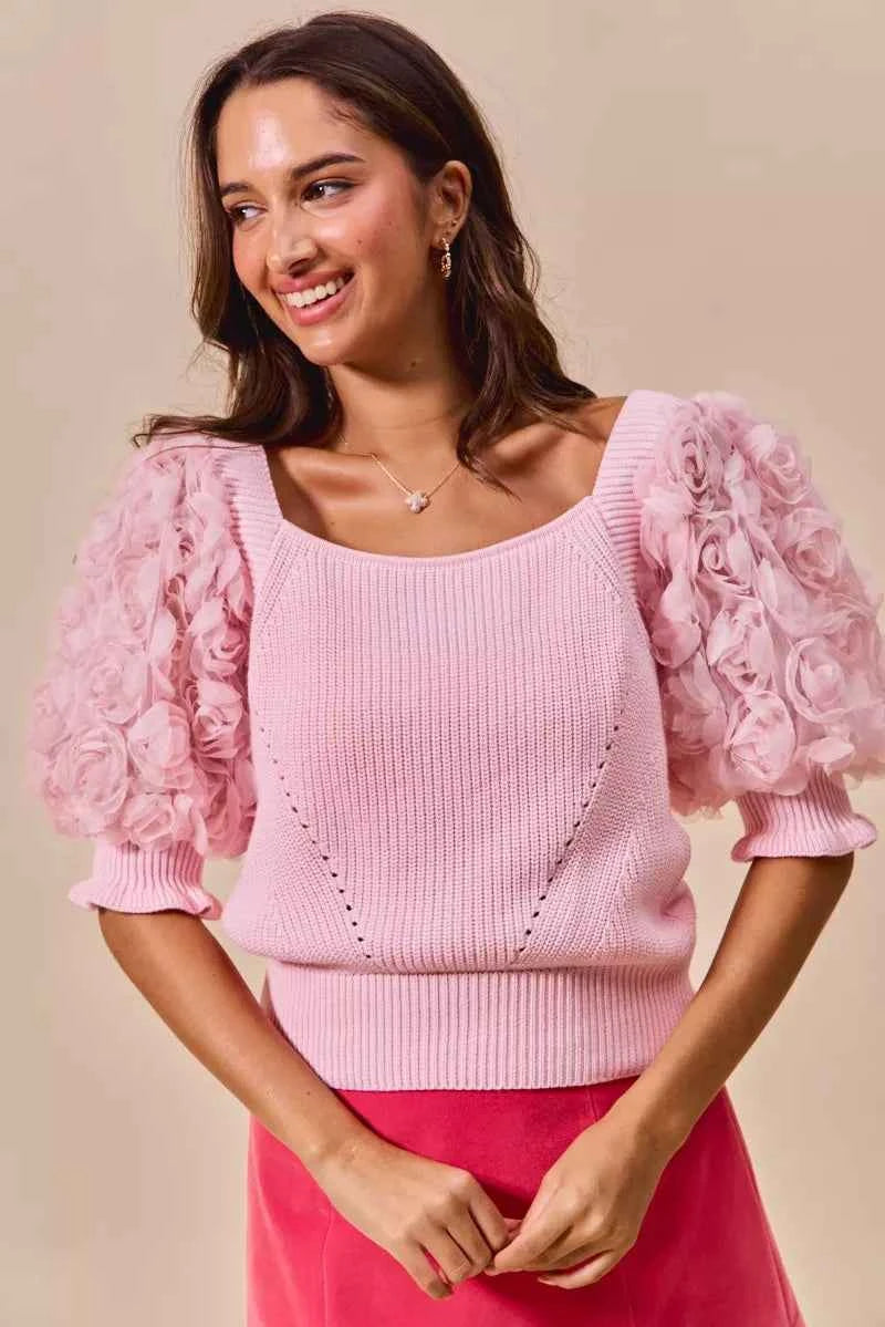 SO ME Rosette Sleeves Square Neck Sweater Knit Top SO ME Rosette Sleeves Square Neck Sweater Knit Top