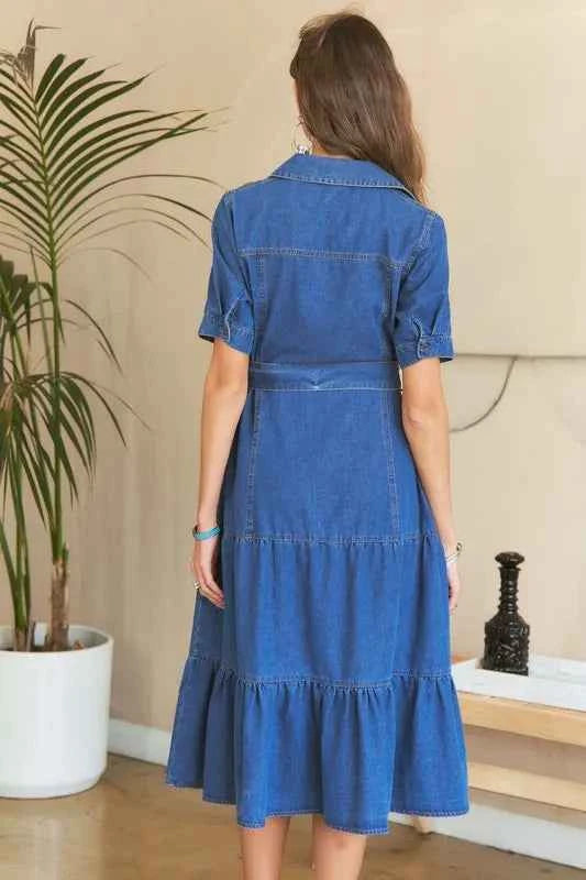ADORA Tiered Button Down Tie Waist Short Sleeve Denim Dress ADORA Tiered Button Down Tie Waist Short Sleeve Denim Dress