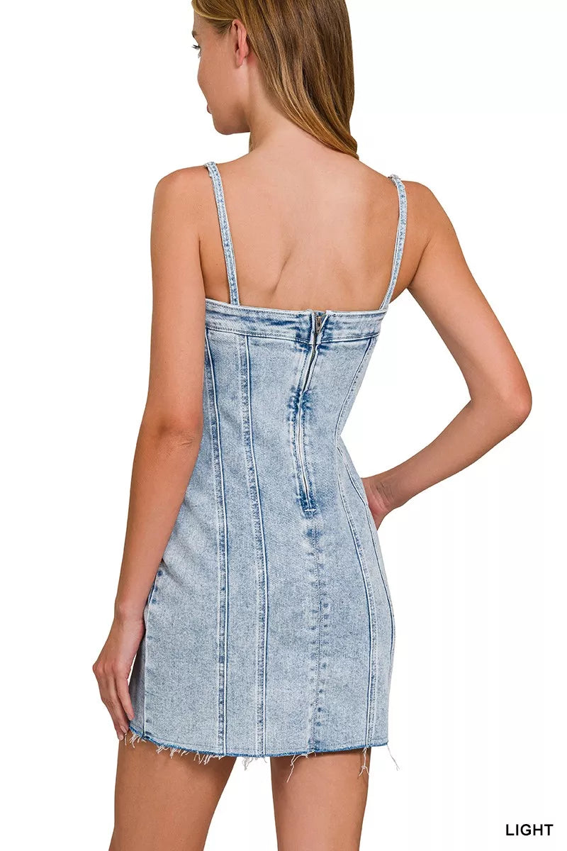 Zenana Spaghetti Strap Exposed Seam Light-Wash Dress 6dc2b123a12f45a4a7e722cb59db348b-Max-Origin