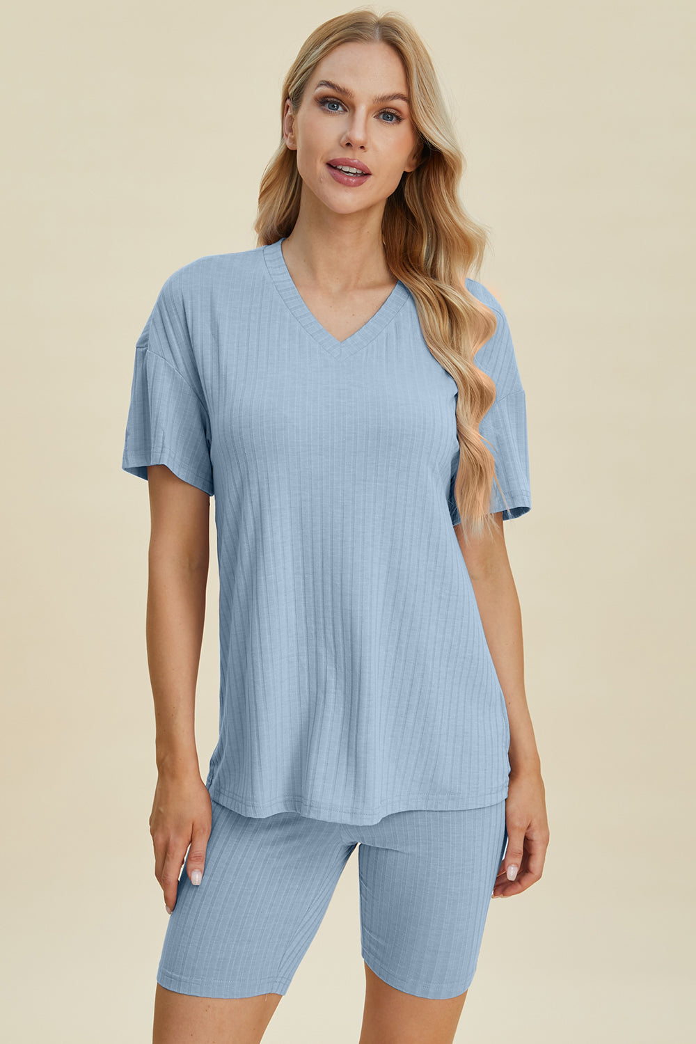 Basic Bae Full Size Ribbed V-Neck Short Sleeve Top and Shorts Set Basic Bae Full Size Ribbed V-Neck Short Sleeve Top and Shorts Set