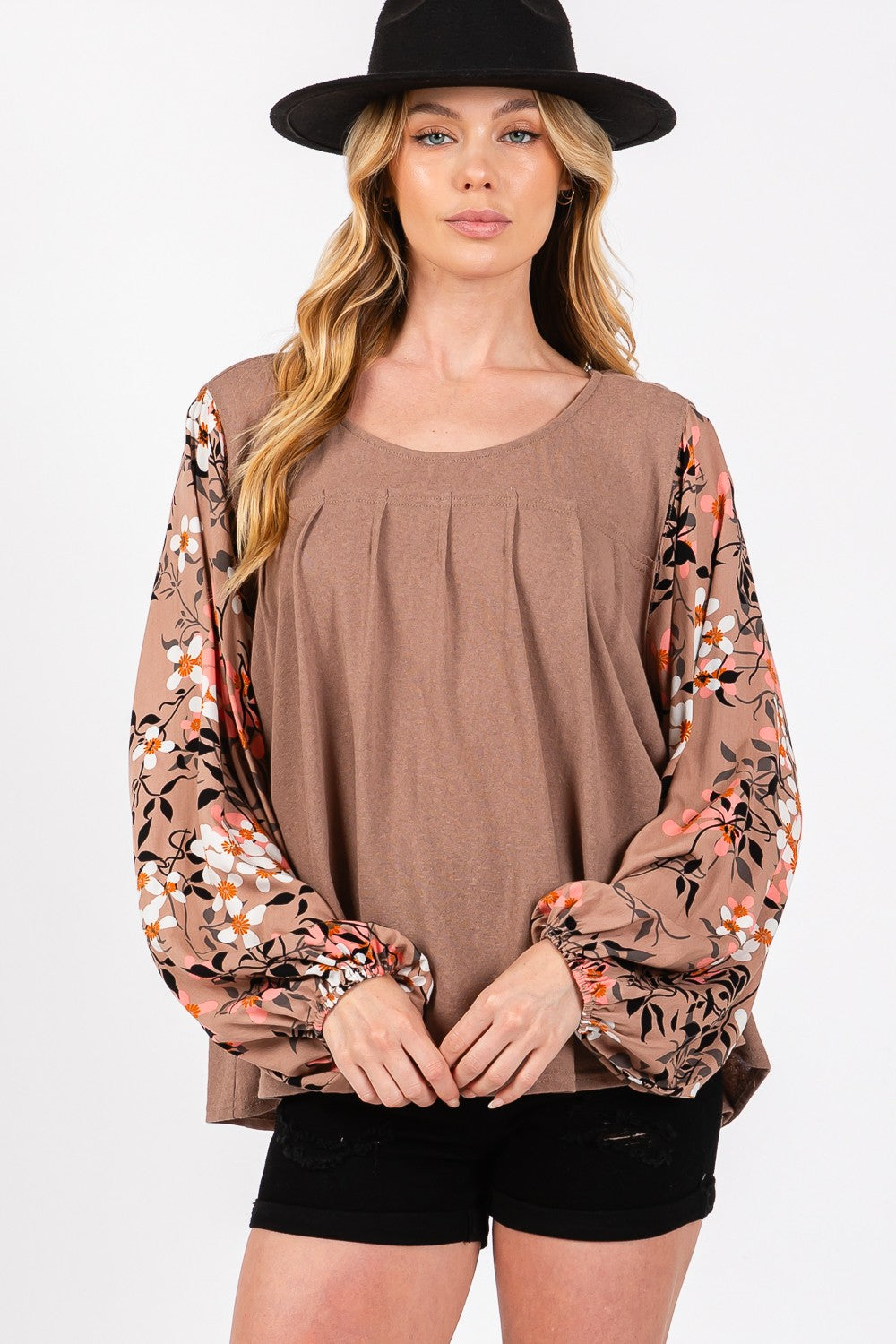 SAGE + FIG Floral Long Sleeve Front Pleated Detail Blouse SAGE + FIG Floral Long Sleeve Front Pleated Detail Blouse - TopFashionHQ