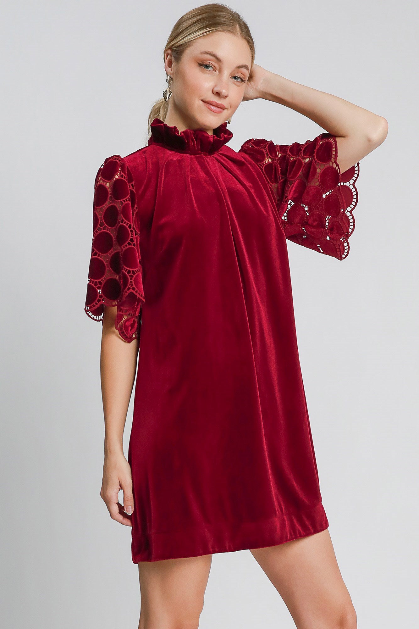 Umgee Dotted Lace Half Sleeve Mock Neck Back Tie Velvet Dress Umgee Dotted Lace Half Sleeve Mock Neck Back Tie Velvet Dress - TopFashionHQ