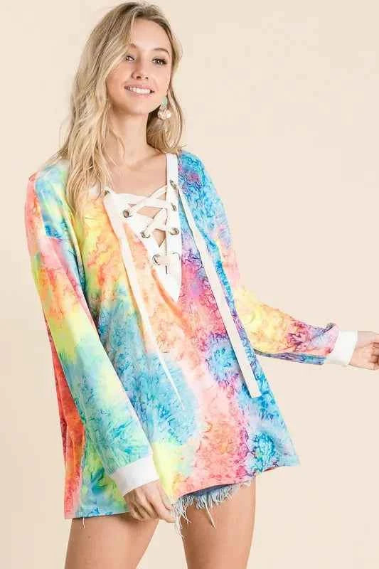 BiBi Tie Dye Deep V-neck Top With Lace Up Front BiBi Tie Dye Deep V-neck Top With Lace Up Front
