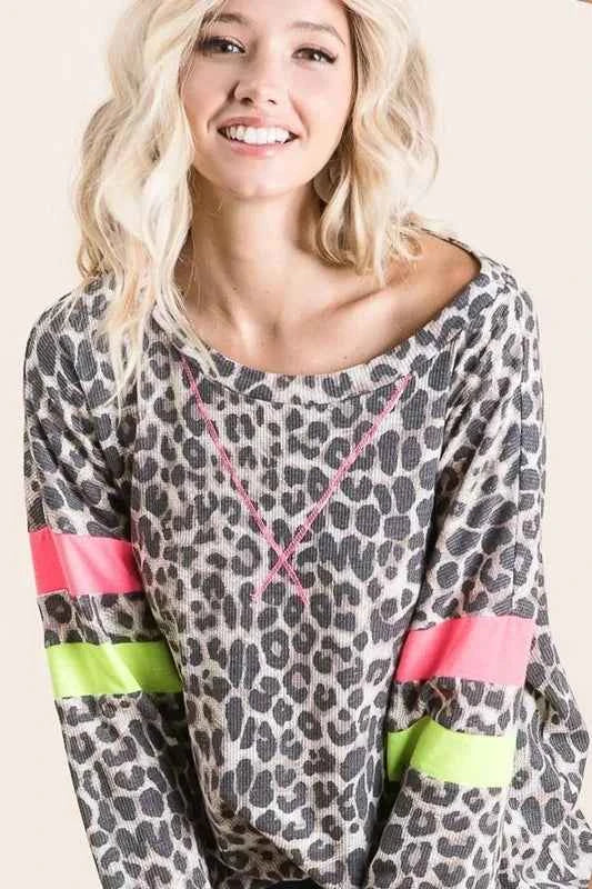 BiBi Leopard Thermal Top with Contrast Color Block BiBi Leopard Thermal Top with Contrast Color Block