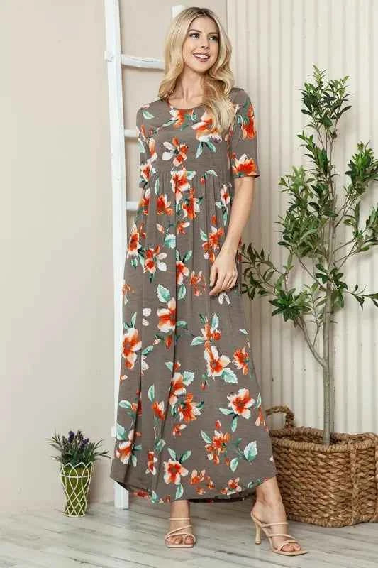 BOMBOM Floral Round Neck Short Sleeve Maxi Tee Dress BOMBOM Floral Round Neck Short Sleeve Maxi Tee Dress