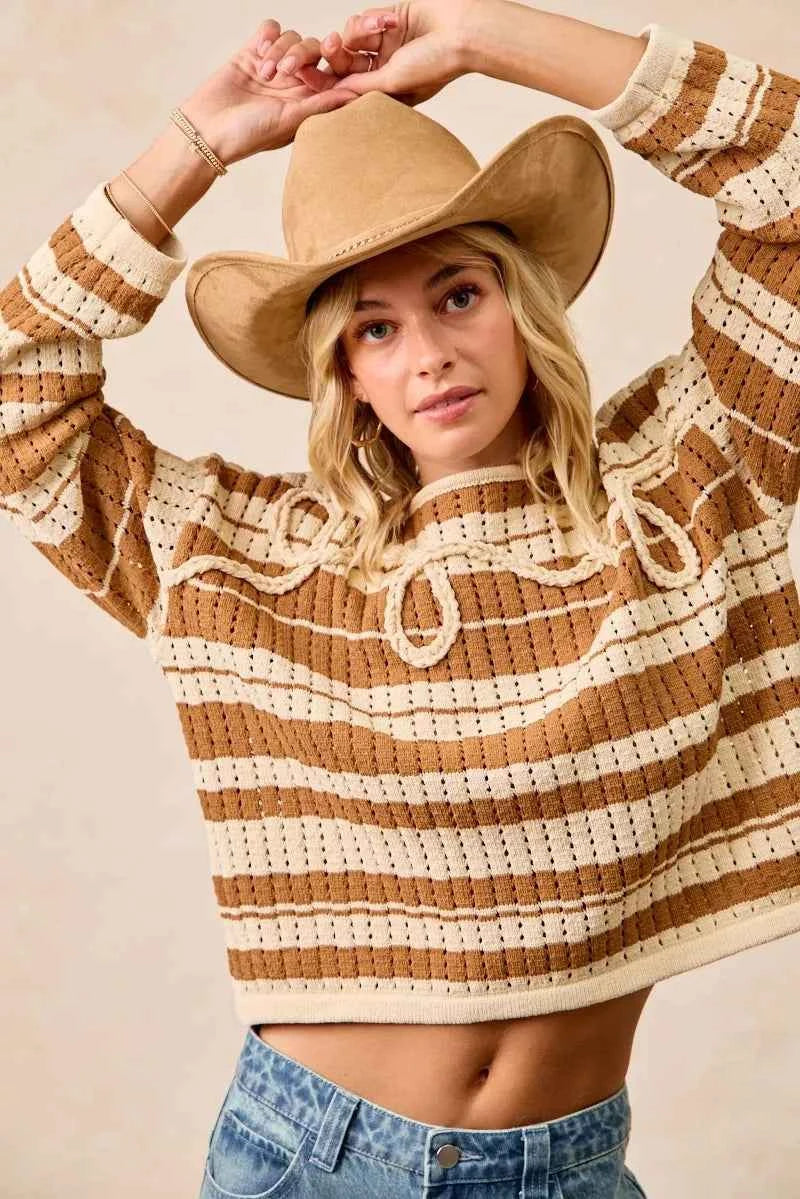 BiBi Striped Open Knit Sweater Top with Front Braided Detail BiBi Striped Open Knit Sweater Top with Front Braided Detail