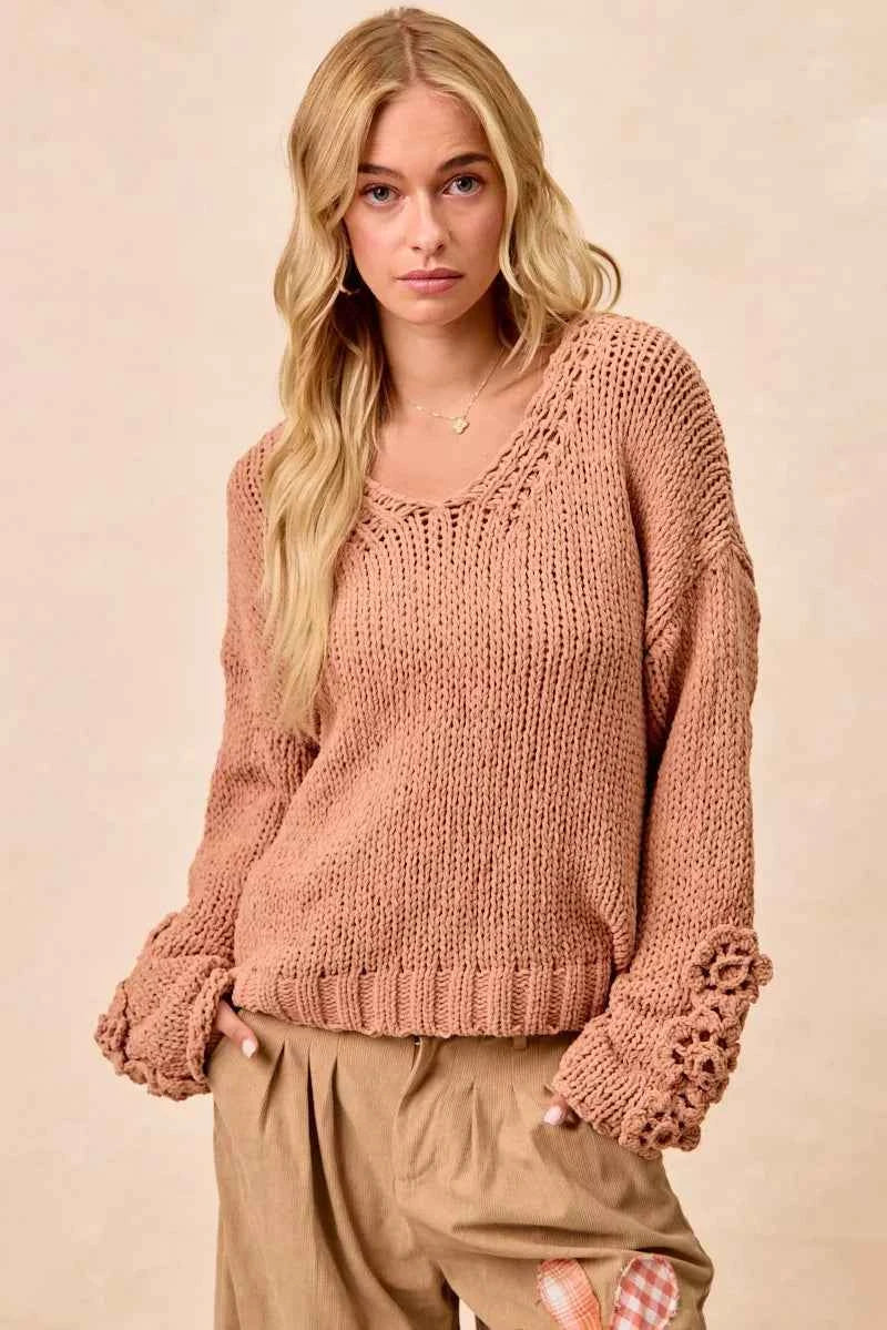BiBi Chunky Knit Sweater with Flower Detail Sleeves BiBi Chunky Knit Sweater with Flower Detail Sleeves