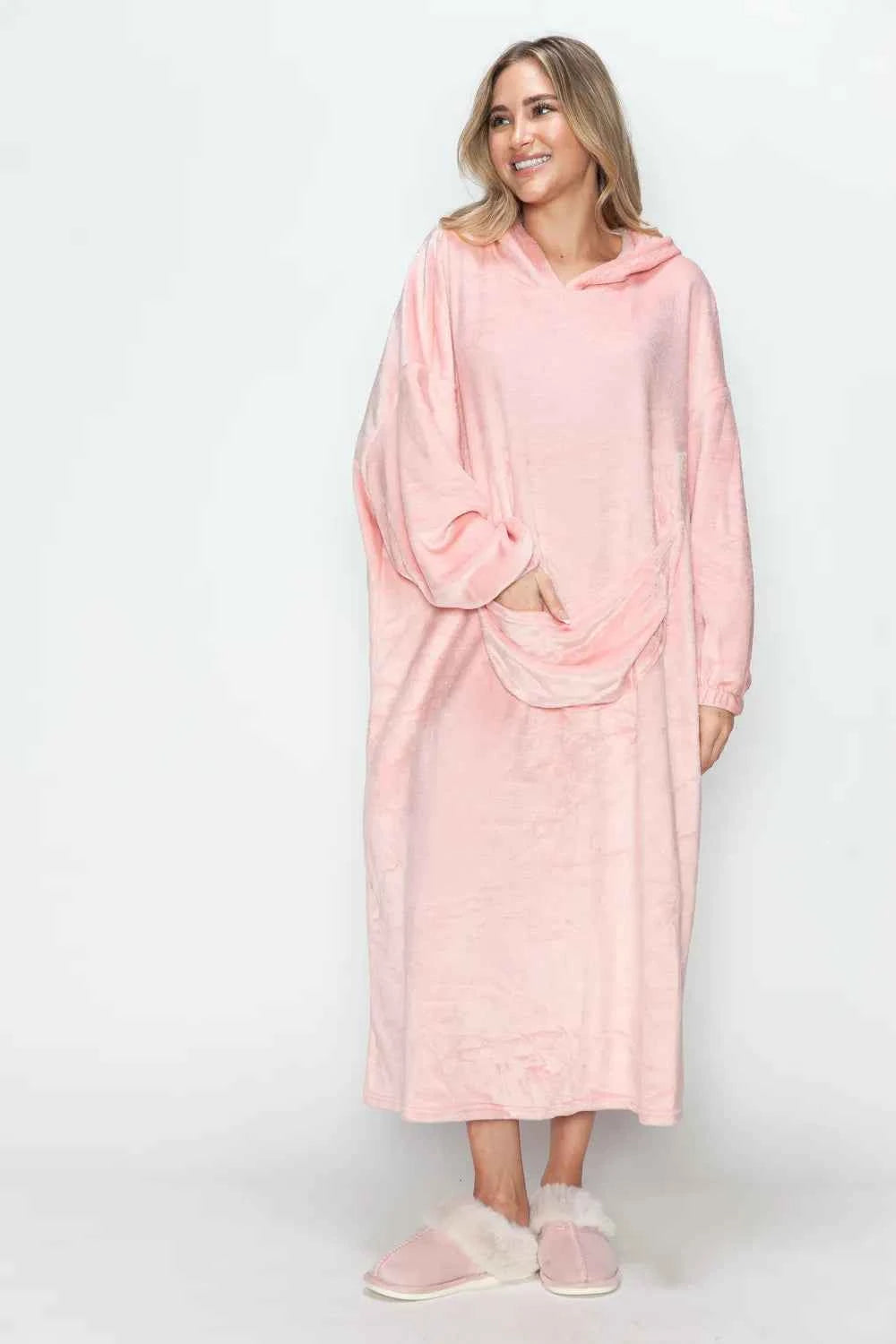 Double Take Full Size Pocketed Hooded Midi Lounge Dress Double Take Full Size Pocketed Hooded Midi Lounge Dress