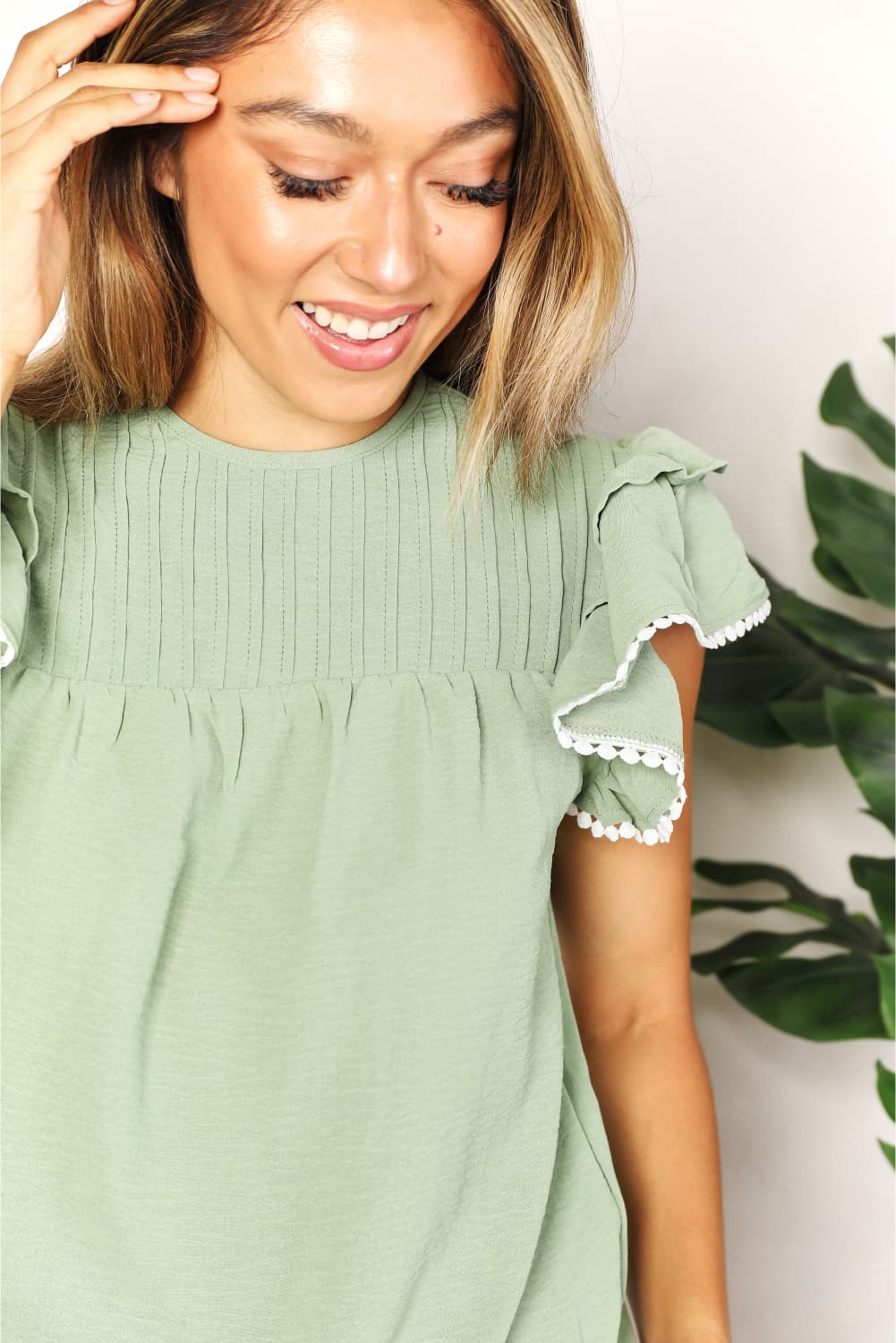 Double Take Pleated Detail Flutter Sleeve Blouse Double Take Pleated Detail Flutter Sleeve Blouse - TopFashionHQ