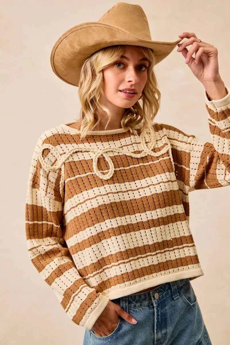 BiBi Striped Open Knit Sweater Top with Front Braided Detail BiBi Striped Open Knit Sweater Top with Front Braided Detail
