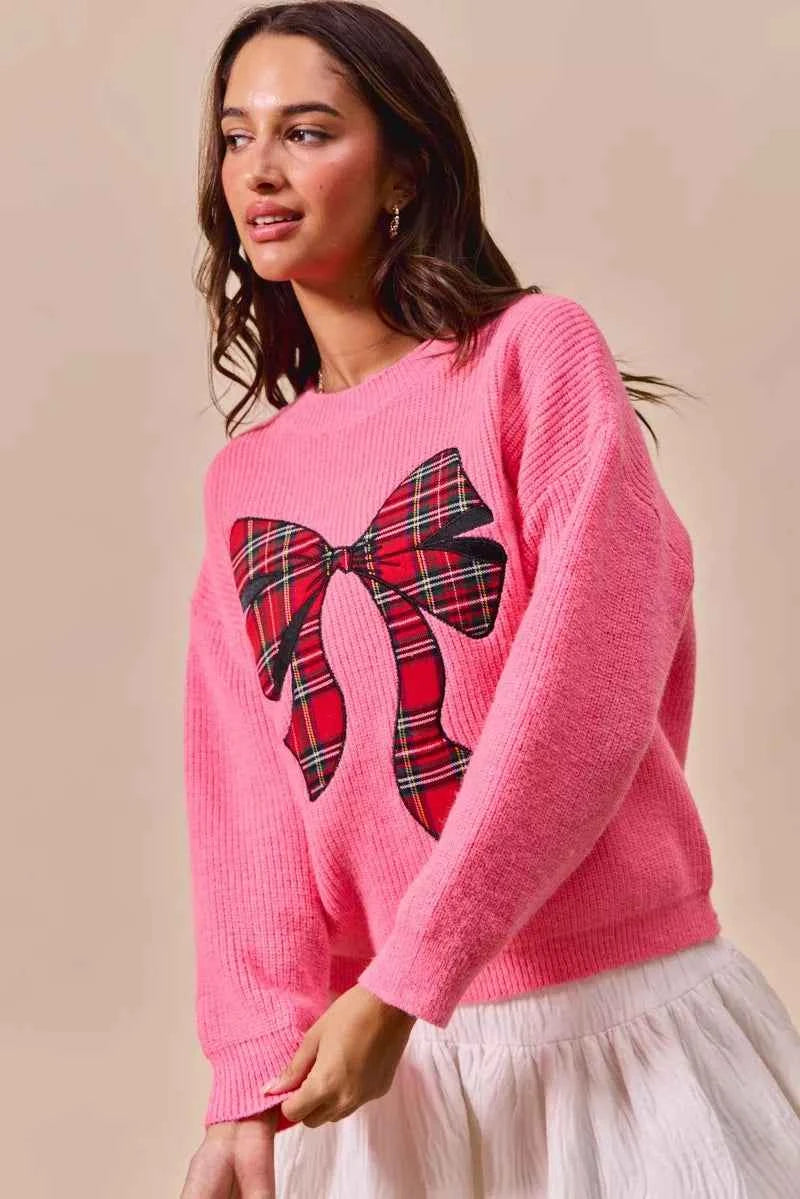 SO ME Checker Plaid Ribbon Christmas Holiday Sweater SO ME Checker Plaid Ribbon Christmas Holiday Sweater