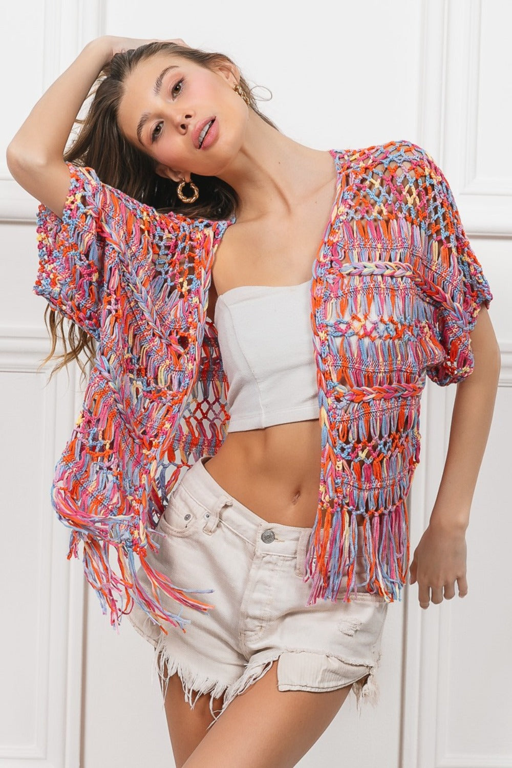 BiBi Open Front Fringed Crop Knit Cardigan BiBi Open Front Fringed Crop Knit Cardigan - TopFashionHQ