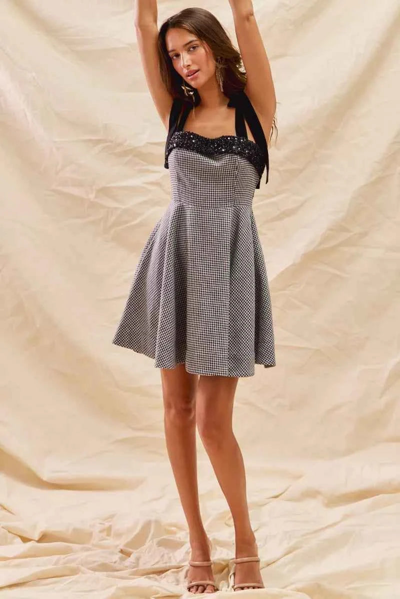 SO ME Houndstooth Fit Flare Mini Dress with Shoulder Tie SO ME Houndstooth Fit Flare Mini Dress with Shoulder Tie