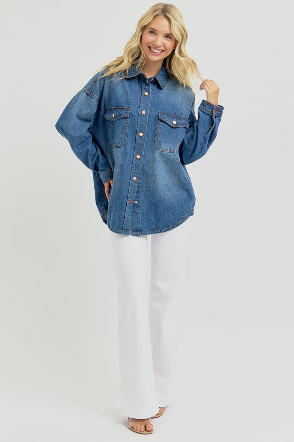 RISEN Full Size Snap Down Long Sleeve Denim Shacket RISEN Full Size Snap Down Long Sleeve Denim Shacket