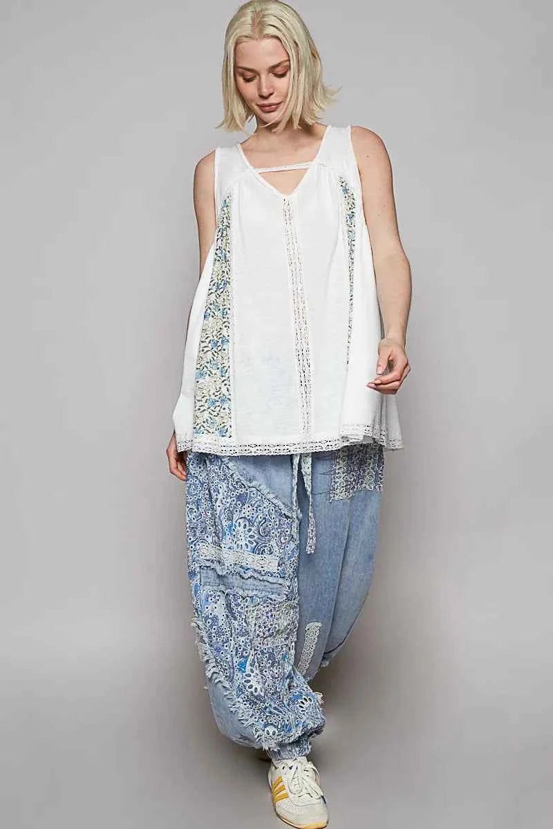 POL V Neck Sleeveless Tank Top with Lace Detail POL V Neck Sleeveless Tank Top with Lace Detail