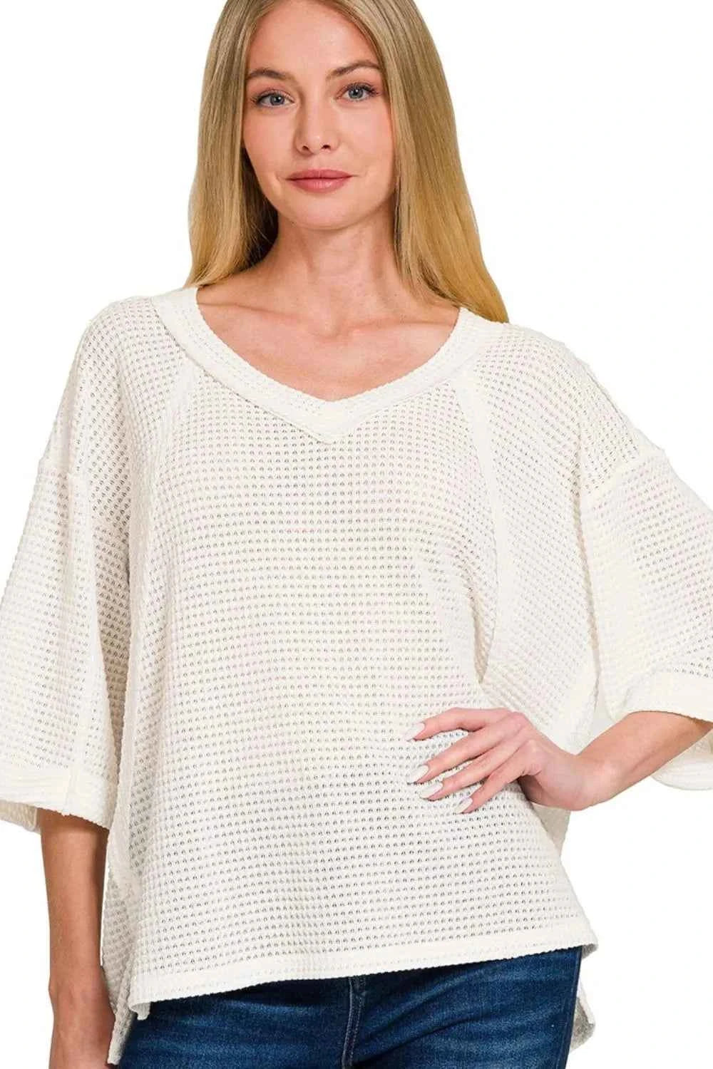 Zenana Brushed Waffle Exposed-seam 3/4 Sleeve Top Zenana Brushed Waffle Exposed-seam 3/4 Sleeve Top