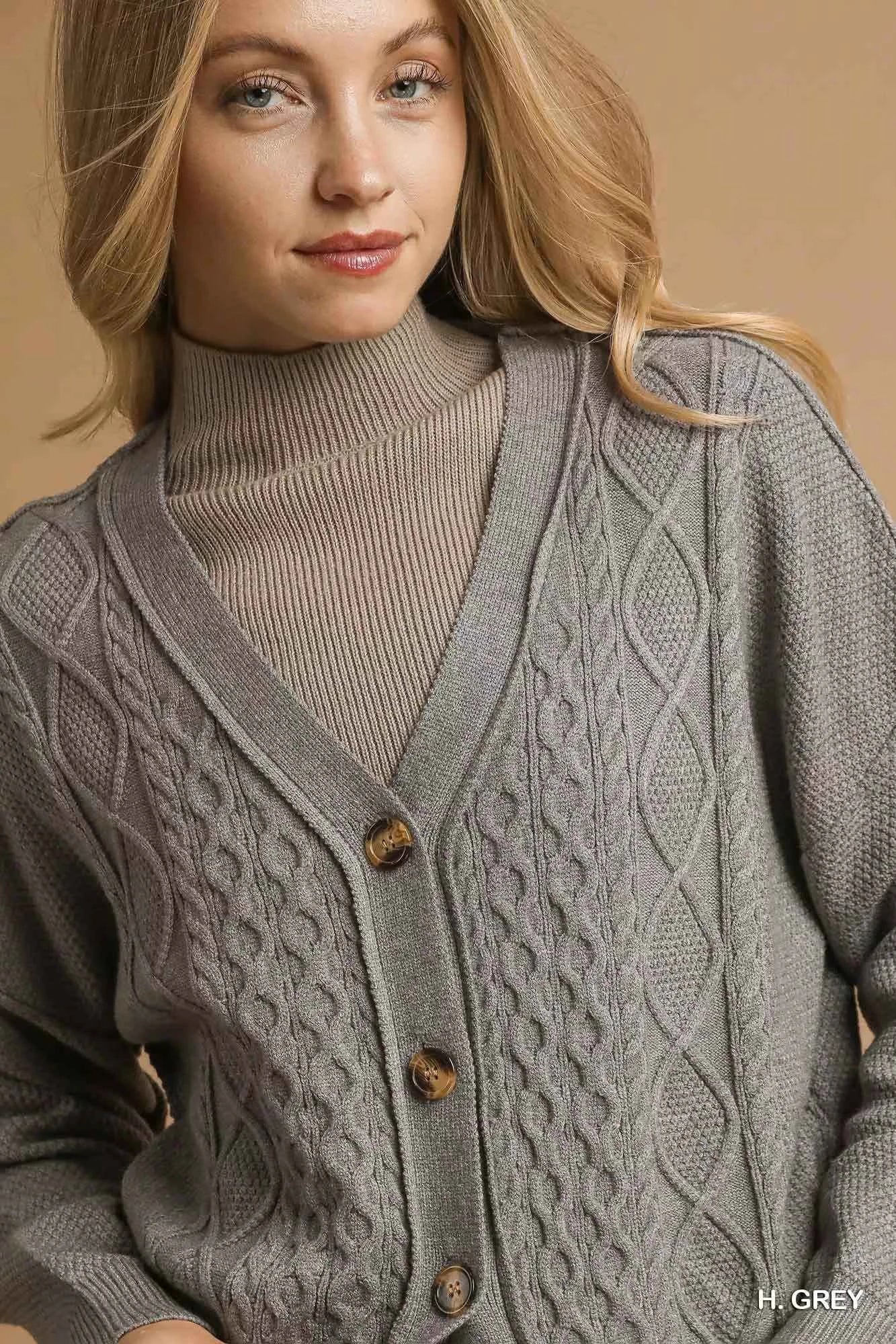 Umgee Chunky Cable Knit V-Neck Button-Up Cardigan Umgee Chunky Cable Knit V-Neck Button-Up Cardigan