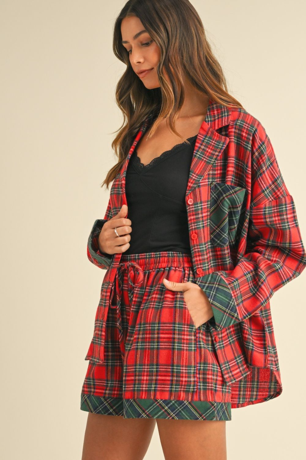 Annie Wear Contrast Plaid Long Sleeve Top and Shorts Set Annie Wear Contrast Plaid Long Sleeve Top and Shorts Set