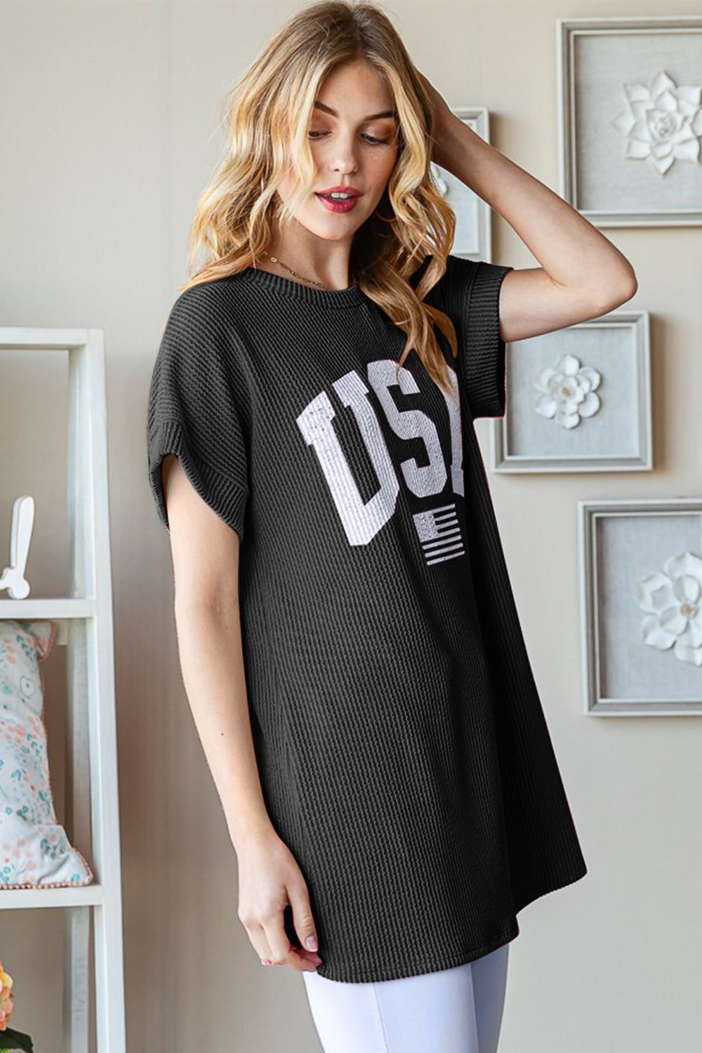 Heimish Full Size USA Graphic Short Sleeve Ribbed Top Heimish Full Size USA Graphic Short Sleeve Ribbed Top - TopFashionHQ
