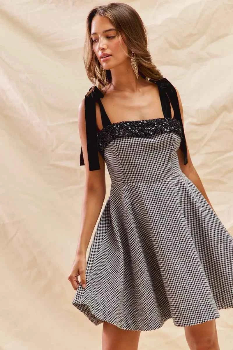 SO ME Houndstooth Fit Flare Mini Dress with Shoulder Tie SO ME Houndstooth Fit Flare Mini Dress with Shoulder Tie