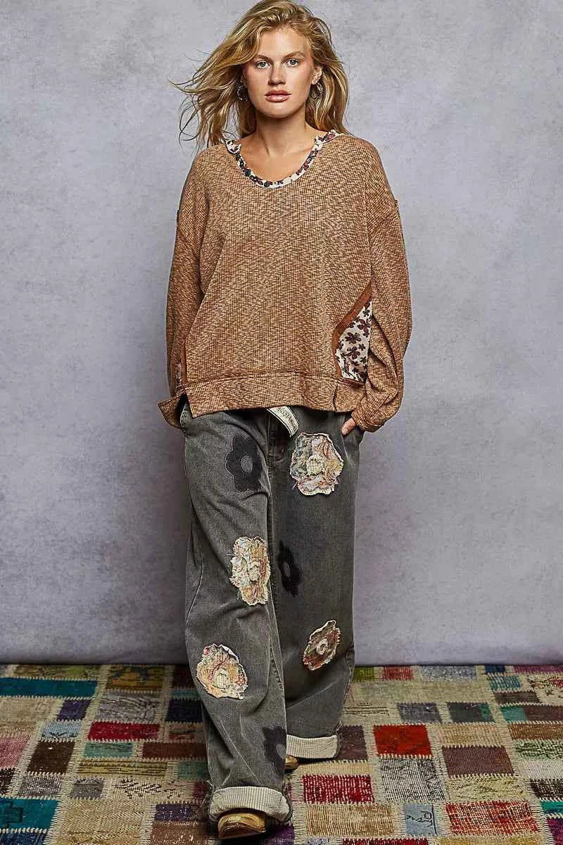 POL Balloon Sleeve Oversized Ribbed Top with Floral Pattern Contrast POL Balloon Sleeve Oversized Ribbed Top with Floral Pattern Contrast