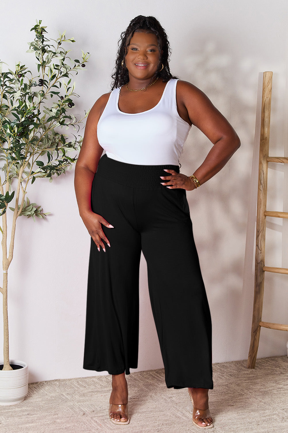 Double Take Full Size Smocked Wide Waistband Wide Leg Pants Double Take Full Size Smocked Wide Waistband Wide Leg Pants - TopFashionHQ