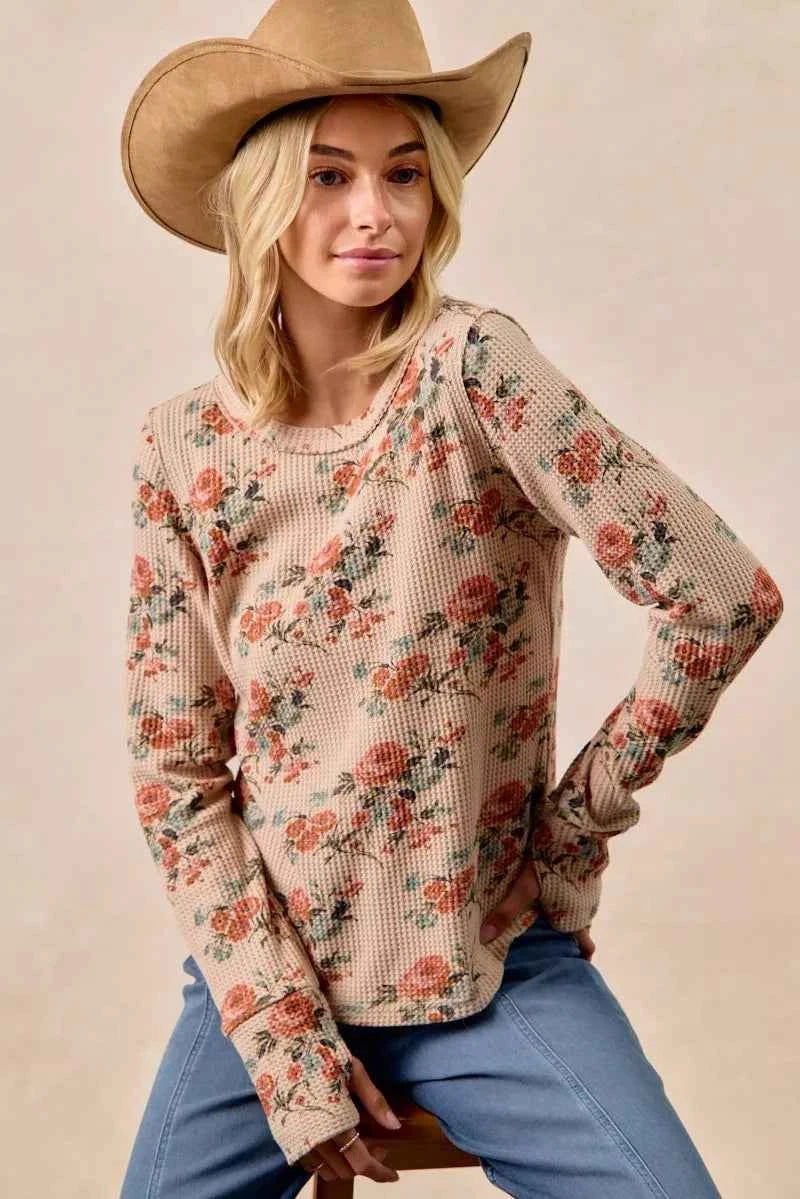 BiBi Floral Print Washed Waffle Thermal Top with Thumb BiBi Floral Print Washed Waffle Thermal Top with Thumb
