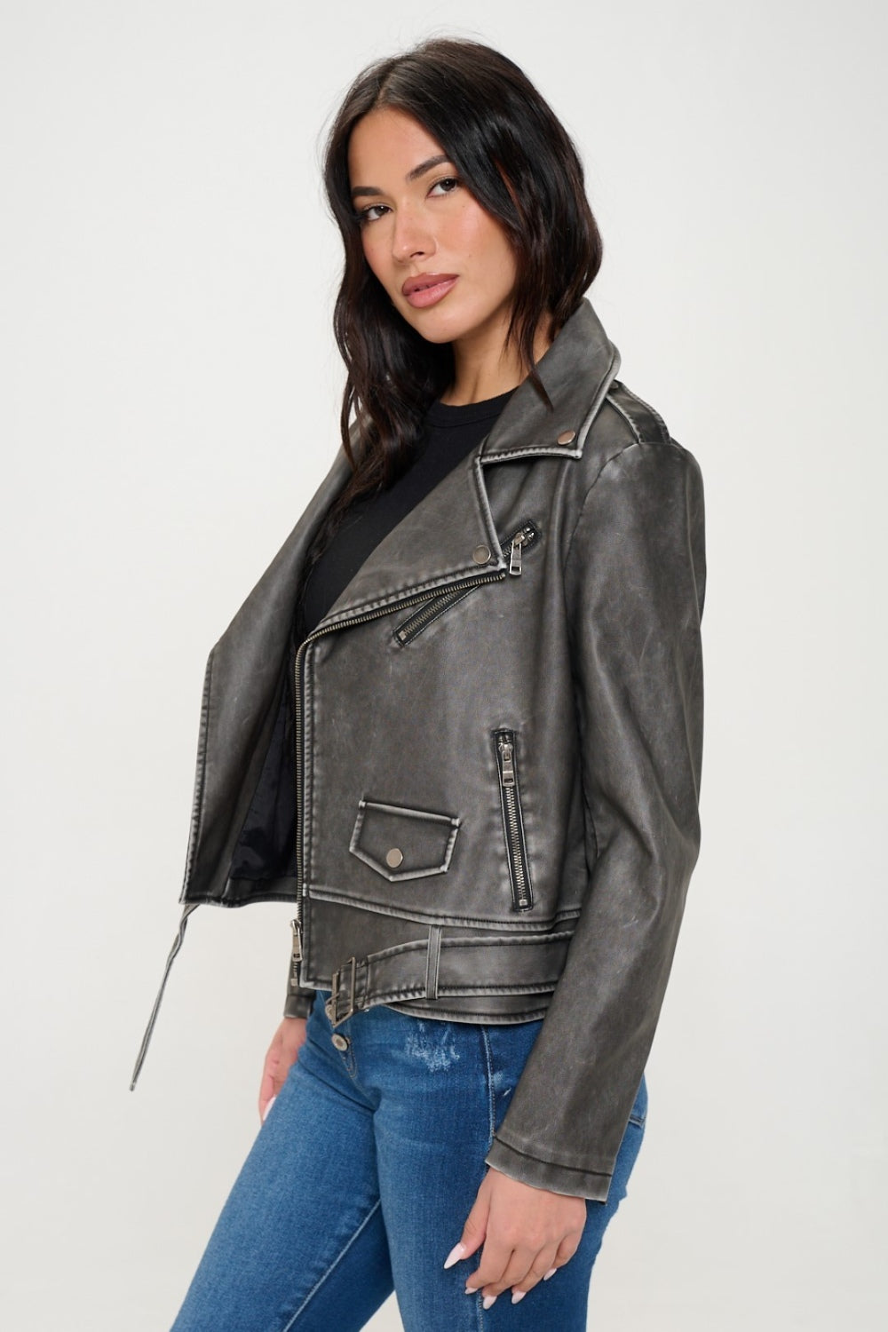 Coalition LA Zip Up Biker Jacket with Belt Coalition LA Zip Up Biker Jacket with Belt - TopFashionHQ